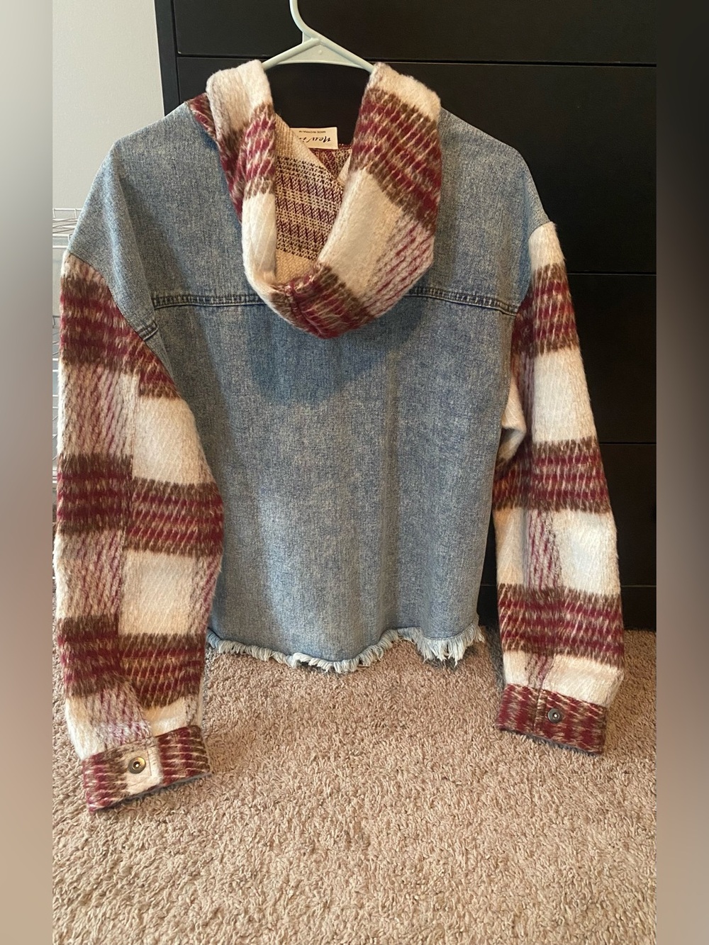 Blue Denim Hooded Jacket with Cream & Burgundy Plaid Sleeves NWOT - Picture 2 of 3